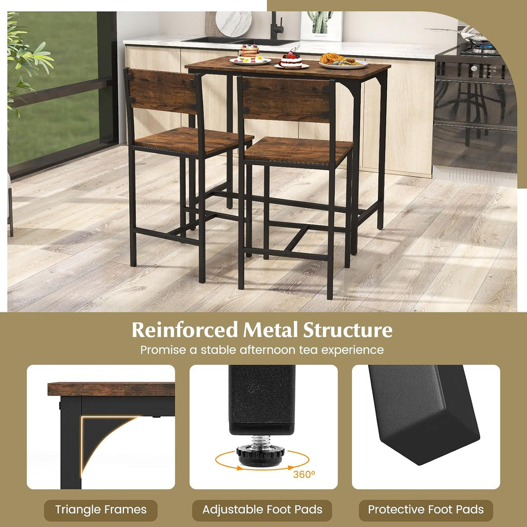 GOFLAME 3-Piece Bar Table Set, Counter Height Pub Table & 2 Barstools with Metal Frame, Industrial Space Saving Dining Set for Kitchen, Dining Room, Bistro, Restaurant, Small Space, Rustic Brown