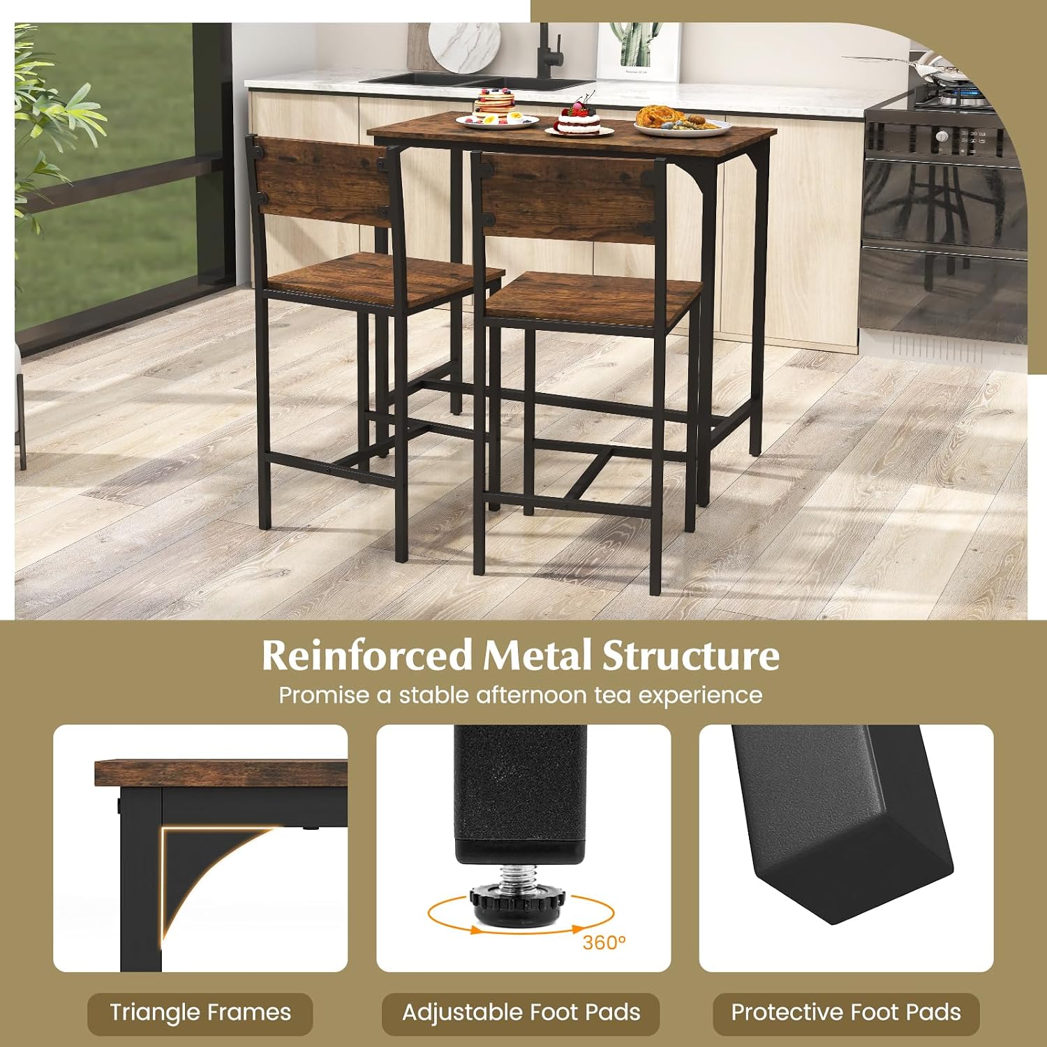 GOFLAME 3-Piece Bar Table Set, Counter Height Pub Table & 2 Barstools with Metal Frame, Industrial Space Saving Dining Set for Kitchen, Dining Room, Bistro, Restaurant, Small Space, Rustic Brown