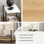End Table with 2 Tier Wood Open Shelf, Rectangular Sofa Side Table with Metal Frame and Faux Marble, Bedside Nightstand for Bedroom Living Room Small Space, Natural Oak