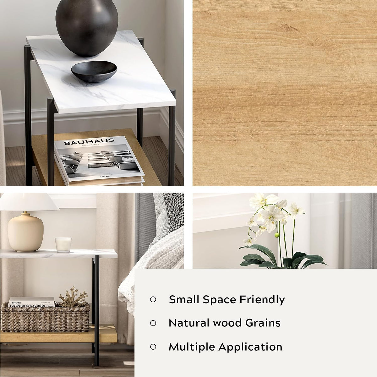 End Table with 2 Tier Wood Open Shelf, Rectangular Sofa Side Table with Metal Frame and Faux Marble, Bedside Nightstand for Bedroom Living Room Small Space, Natural Oak