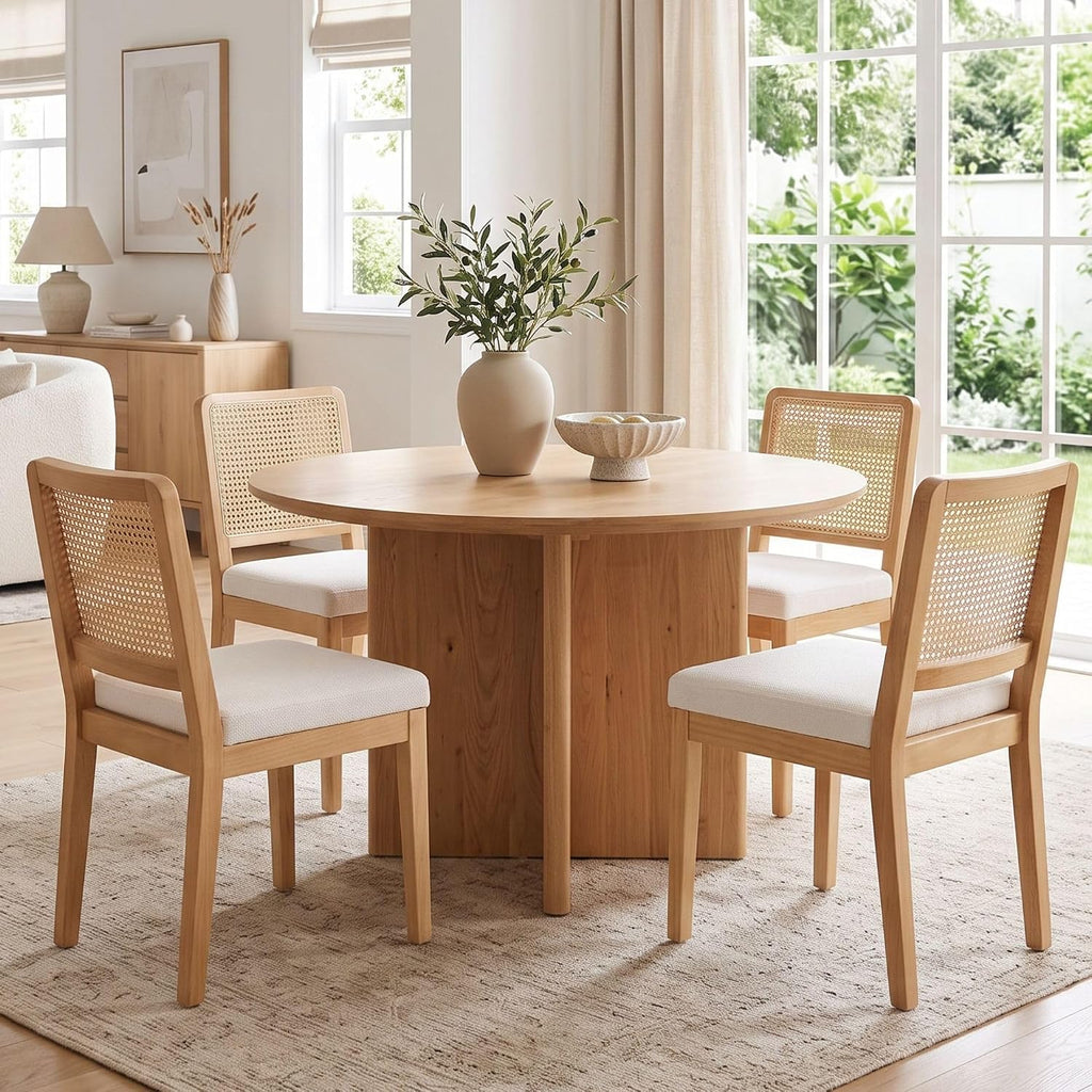 HNY Modern Farmhouse Rattan Dining Chairs Set of 4 Beige Chenille Upholstered Dining Room Chair with Cane Back Mid Century Natural Wood Kitchen Chairs, Boho Accent Wicker Woven Chairs for Living Room