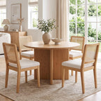 HNY Modern Farmhouse Rattan Dining Chairs Set of 4 Beige Chenille Upholstered Dining Room Chair with Cane Back Mid Century Natural Wood Kitchen Chairs, Boho Accent Wicker Woven Chairs for Living Room