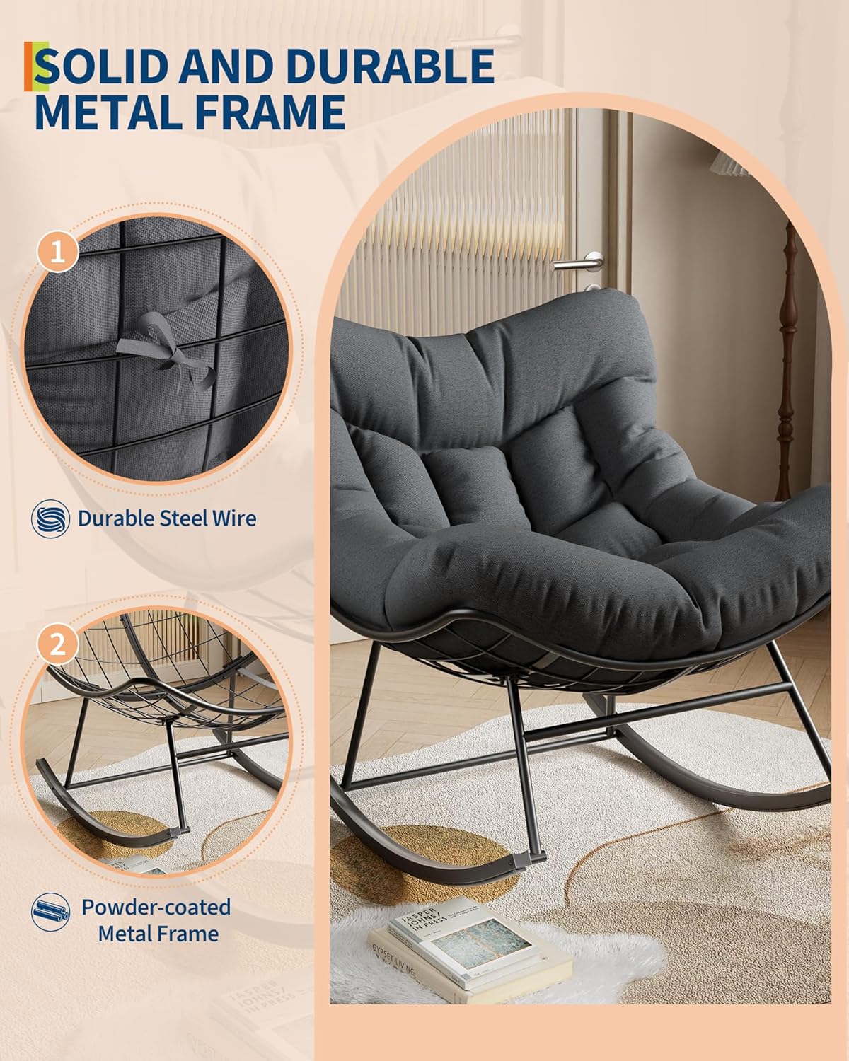 Garvee Outdoor Papasan Rocking Chair, Oversized Rocking Chair with Sturdy Metal Frame, Patio Egg Rocker for Balcony Backyard Porch Bedroom (Grey)