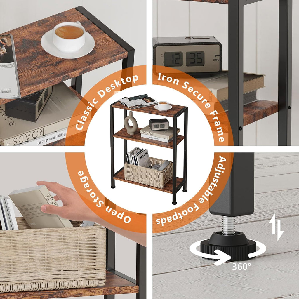 3-Tier Side Table, Small End Table, Sofa Side Table for Narrow Spaces, Slim End Table, Nightstand Table, for Living Room Bedroom Office, Rustic Brown
