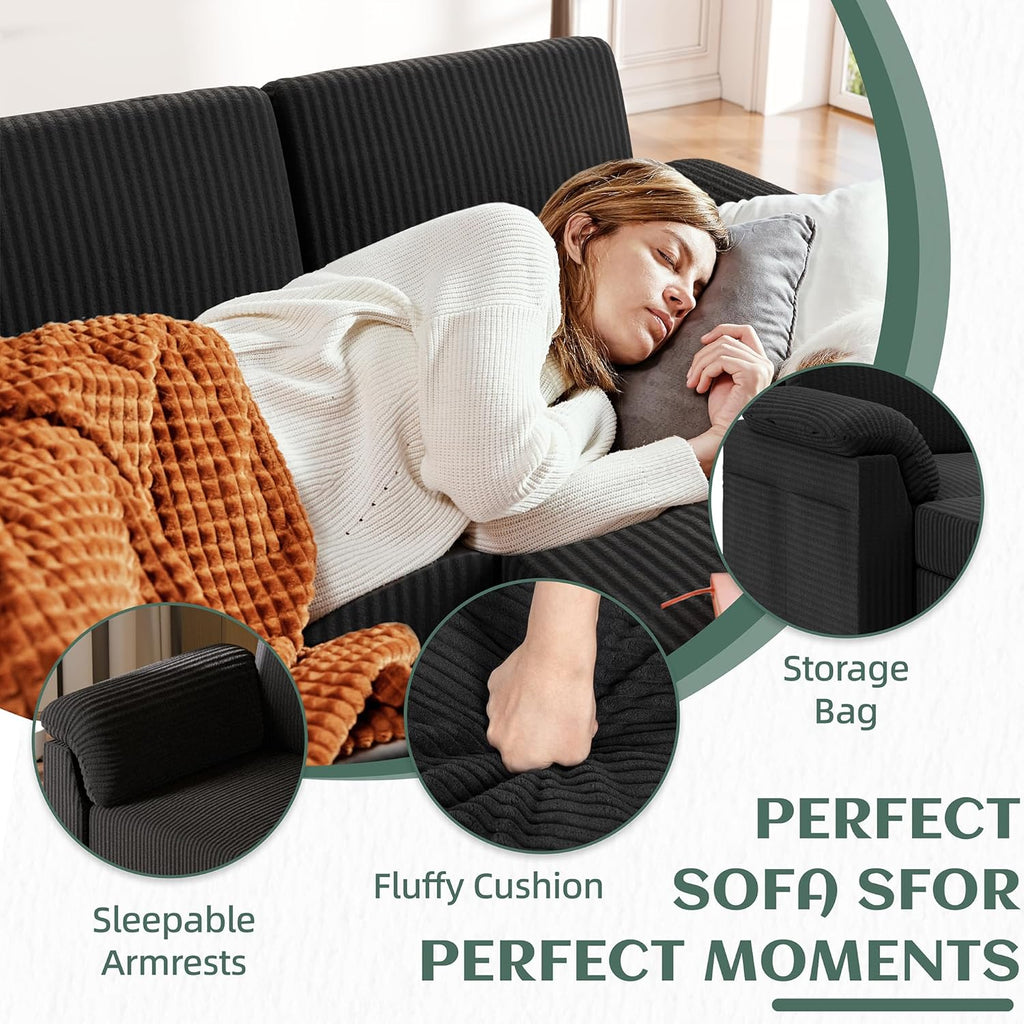 Vongrasig Convertible Sectional Couches, 3 Seat L Shaped Couch Sofa with Removable Pillows Soft Corduroy Fabric Small Couch Mid Century for Living Room, Apartment and Office (Black)