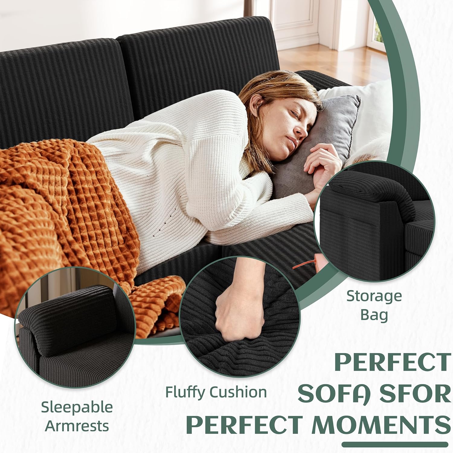 Vongrasig Convertible Sectional Couches, 3 Seat L Shaped Couch Sofa with Removable Pillows Soft Corduroy Fabric Small Couch Mid Century for Living Room, Apartment and Office (Black)