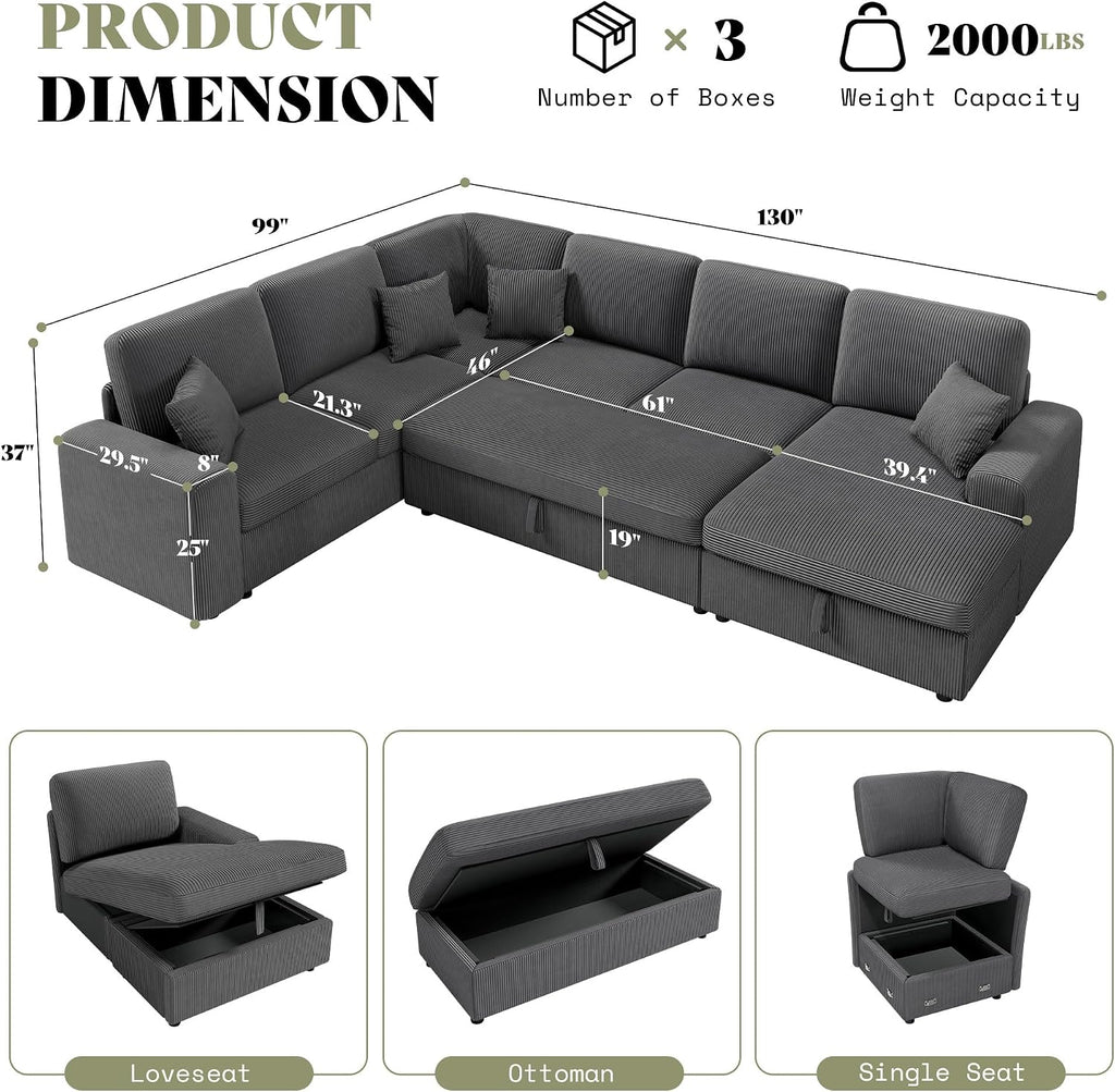 130" Sectional Couches for Living Room, Modular Sectional Sofa, Grey | Sofa Converts to Sleeper, Throw Pillows