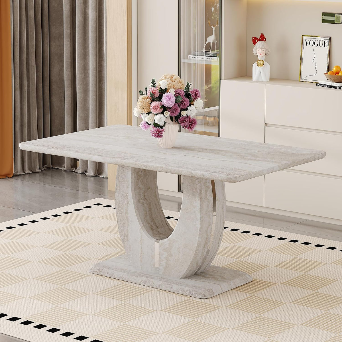 63" Faux Marble Dining Table for 4–6, Modern Rectangular Kitchen Table with U-Shaped Base, Marble Look Dinner Table for Kitchen, Dining Room, Apartment