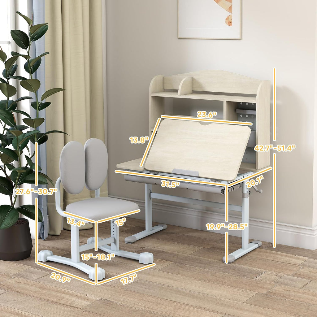 Brilluxa Kids Study Desk Set, Adjustable Student Desk and Chair with Tiltable Desktop, Hutch and Drawer for Ages 3-12, Homework Station for Bedroom, Gray