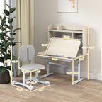 Brilluxa Kids Study Desk Set, Adjustable Student Desk and Chair with Tiltable Desktop, Hutch and Drawer for Ages 3-12, Homework Station for Bedroom, Gray