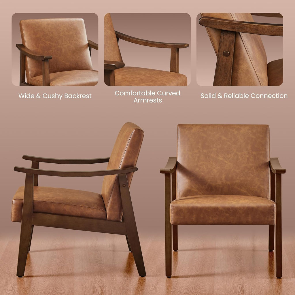 Yaheetech Accent Chairs Set of 2, Mid-Century Faux Leather Armchairs Brown | Cushioned Club Chairs with Supportive Sloped Backrests and Sturdy Wood Arms Fit Small Living Rooms, Offices, Reading Nook