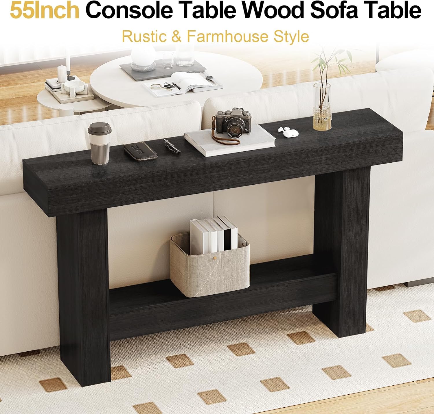55 Inch Farmhouse Console Table, Wooden Rectangular Sofa Table Behind the Couch, Industrial Entryway Tables with Storage for Living Room, Entrance, Hallway