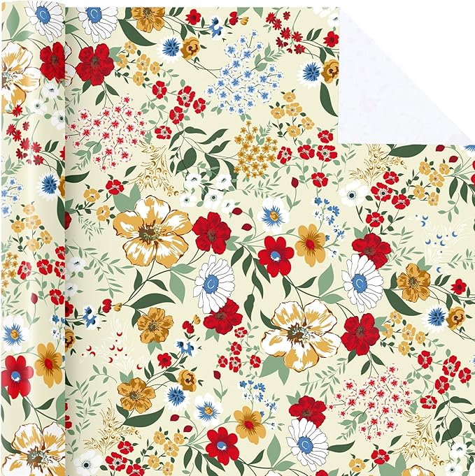 WRAPAHOLIC Floral Wrapping Paper Roll - Mini Roll - 17 Inch x 33 Feet - Wild Flower Wrapping Paper, Perfect for Girls Women Birthday, Wedding, Bridal Shower