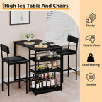 3 Piece Counter Height Dining Table Set for 2 with 3-Tier Storage Open Shelves & Upholstered PU Cushion Chairs, Space Saving Kitchen Table for Small Spaces, Apartment, Pub, Breakfast, Black
