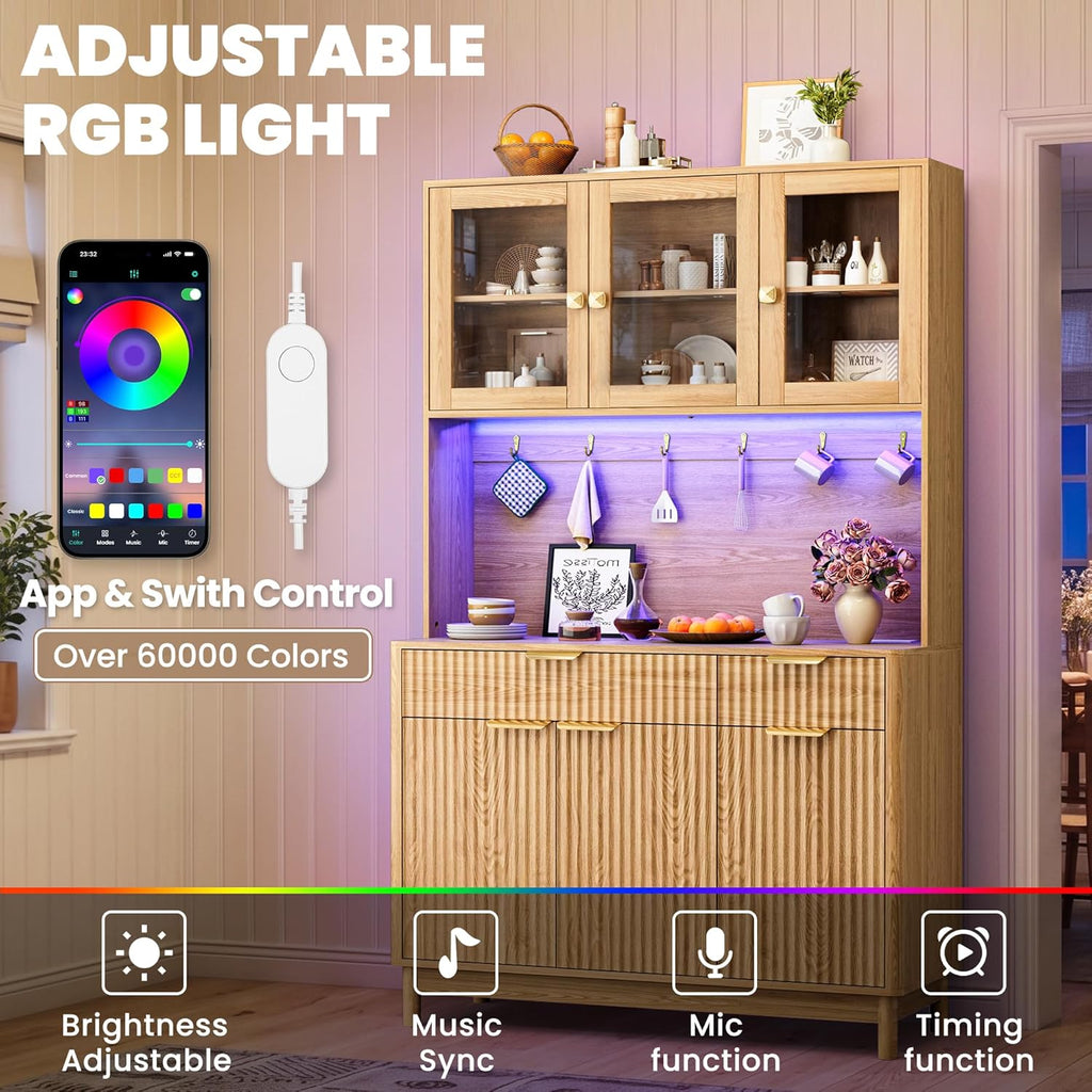 71'' Fluted Kitchen Pantry Cabinet with Power Outlet & LED Light, Food Kitchen Hutch with Countertop, Wood Pantry Storage Cabinet with a Drawer & Shelves for Living Room, Dining Room, Natural