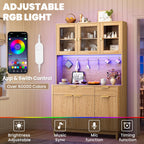 71'' Fluted Kitchen Pantry Cabinet with Power Outlet & LED Light, Food Kitchen Hutch with Countertop, Wood Pantry Storage Cabinet with a Drawer & Shelves for Living Room, Dining Room, Natural