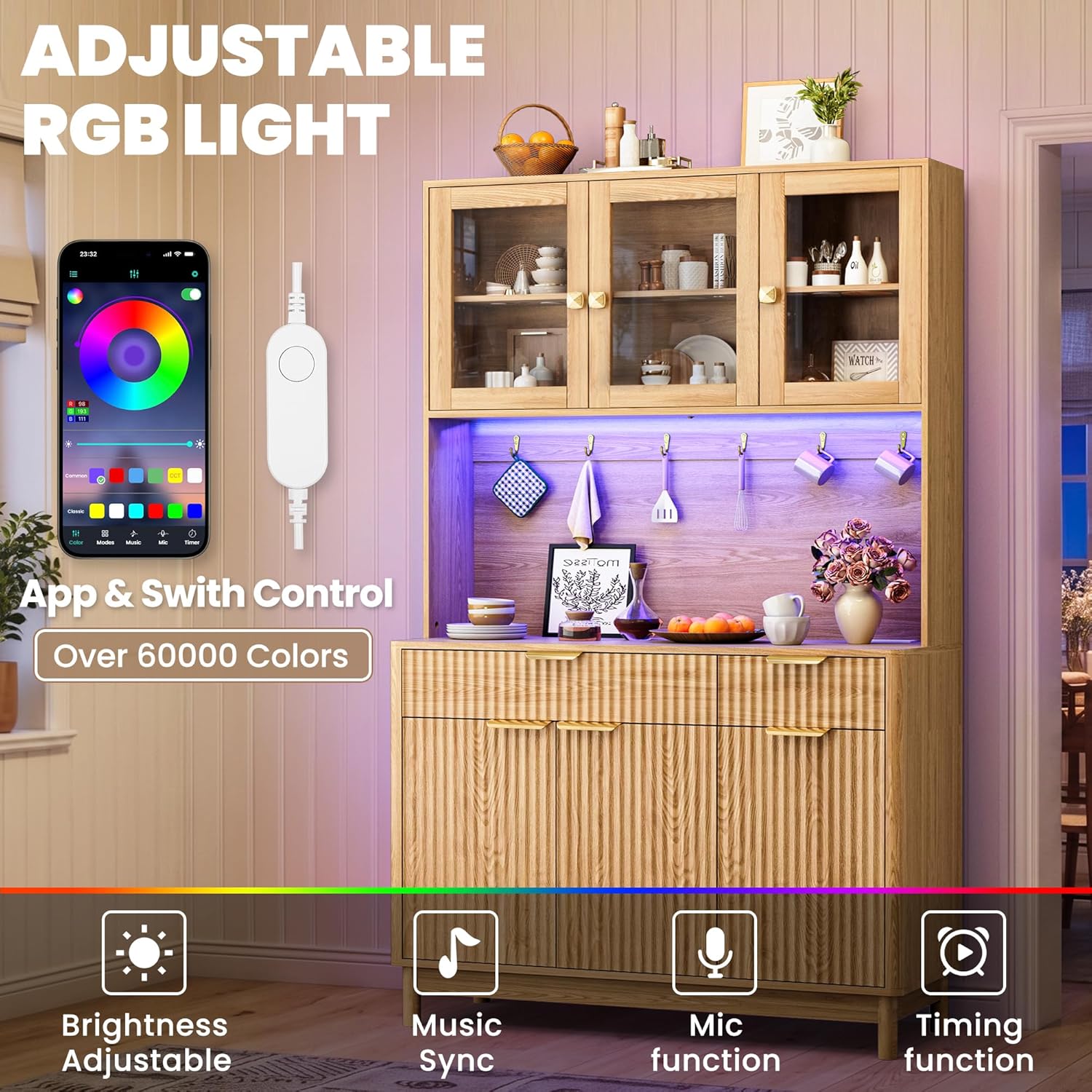 71'' Fluted Kitchen Pantry Cabinet with Power Outlet & LED Light, Food Kitchen Hutch with Countertop, Wood Pantry Storage Cabinet with a Drawer & Shelves for Living Room, Dining Room, Natural