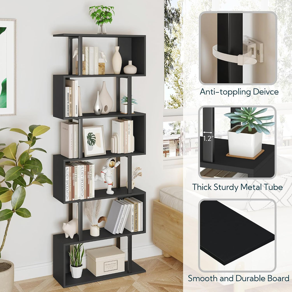 Yusong Geometric Bookcase, S Shaped Bookshelf 6-Tier Book Shelves for Bedroom, Modern Wood Decorative Display Shelf Tall Book Case for Home Office, Black and White