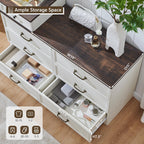 Aitjunz 69" W Farmhouse Vanity Desk with Glass Top,9 Drawers, Antique White | Wood Makeup Table with Large Storage Drawers, Rustic Bedroom Dressing Table w/3 Color Available Light & 30" HD Led Mirror