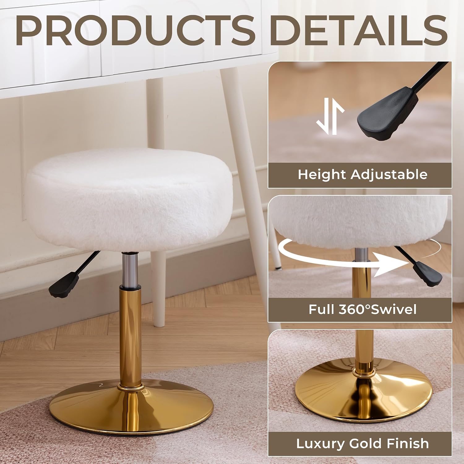 Vanity Chair Adjustable Vanity Stool for Vanity Swivel Vanity Stool Chair Ottoman Gold Base White