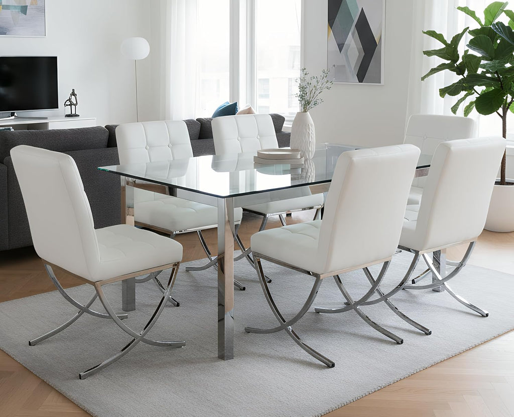 EALSON Modern Dining Chairs Set of 6, White Leather Upholstered Seater with Chrome Metal Legs and High Tufted Backs, Armless, for Dining Room/Kitchen/Restaurant Use