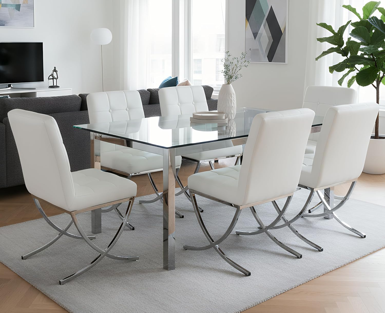 EALSON Modern Dining Chairs Set of 6, White Leather Upholstered Seater with Chrome Metal Legs and High Tufted Backs, Armless, for Dining Room/Kitchen/Restaurant Use