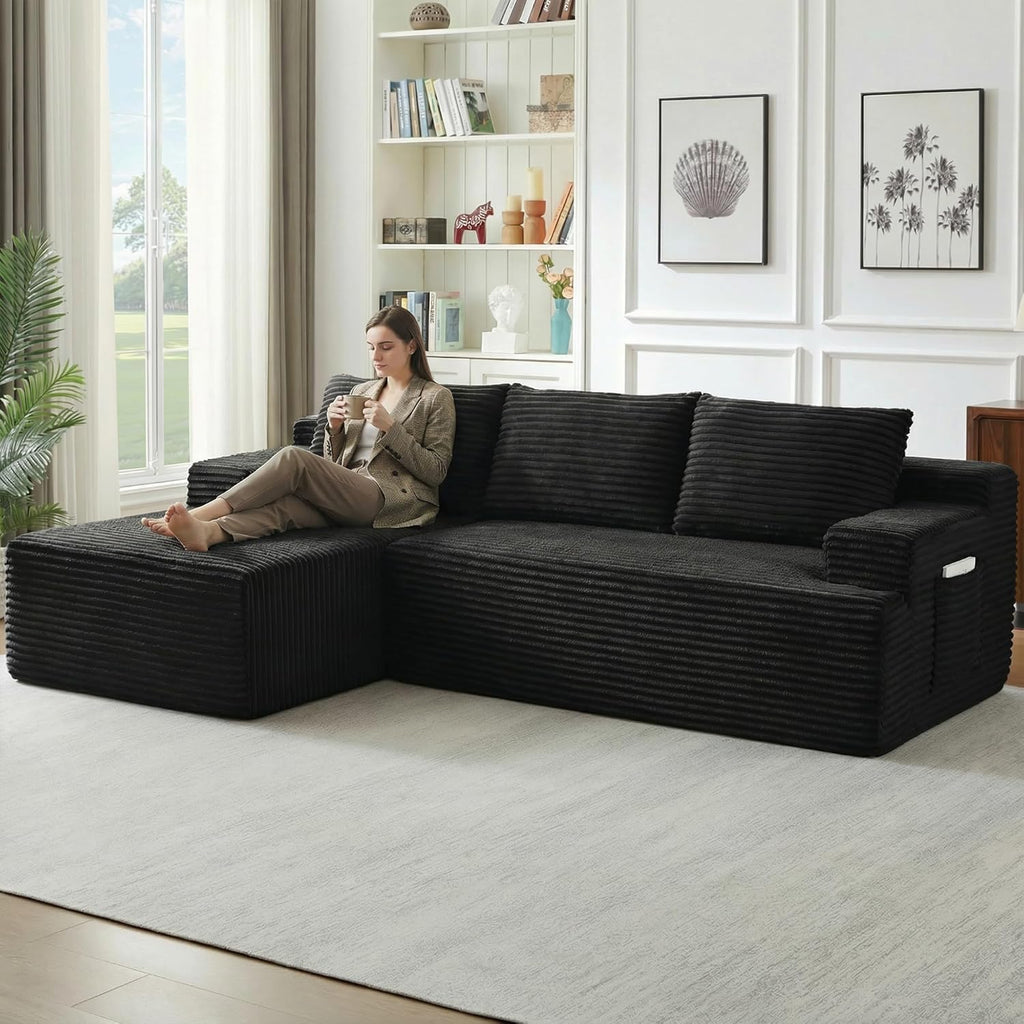 96.1" Cloud Sectional Couch, Modern Modular L Shape Sectional Sofa with Deep Seat Chaise, Comfy Corduroy Couches for Living Room (Black, Left Chaise)