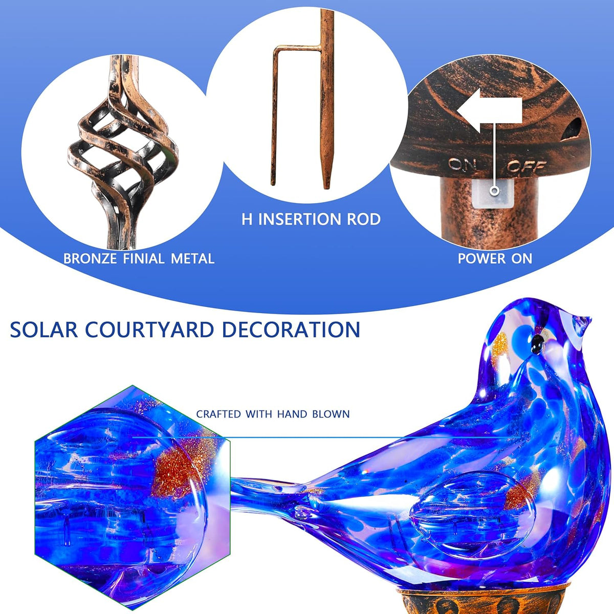 Decorative Solar Lights, Outdoor Solar Bird Stake Lights, Hand Blown Glass Decorative Garden Pathway Lights Outdoor Waterproof Glass Stakes (Dark Blue)