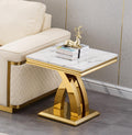 SSLine Modern White Faux Marble End Table Luxury Square Sofa Side Table with Gold Pedestal Base Mid-Century Elegant Bedside Table w/Mirrored Stainless Steel Frame for Living Room Bedroom