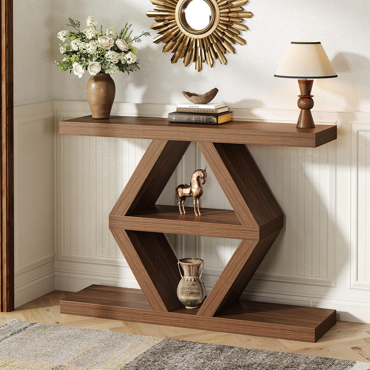39.4" Farmhouse Console Table, Rustic Entryway Table with 3-Tier Storage Shelves, Wooden Sofa Table Behind Couch, Unique Modern Narrow Entry Table for Entrance, Hallway, Foyer, Living Room, Walnut