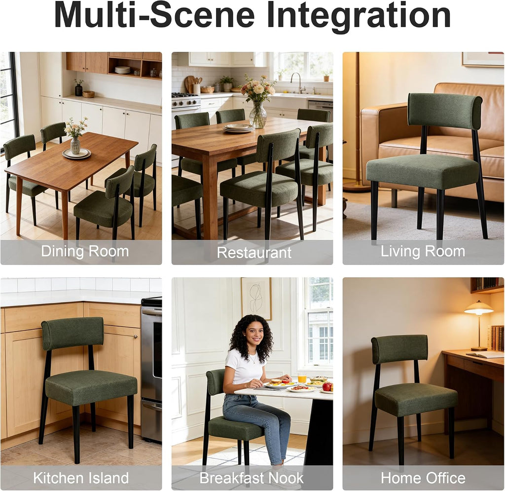 Wooden Dining Chairs Set of 4, Upholstered Kitchen Chairs with Solid Rubberwood Legs, Modern Farmhouse Dining Room Chairs, Green Linen Fabric & Black Legs