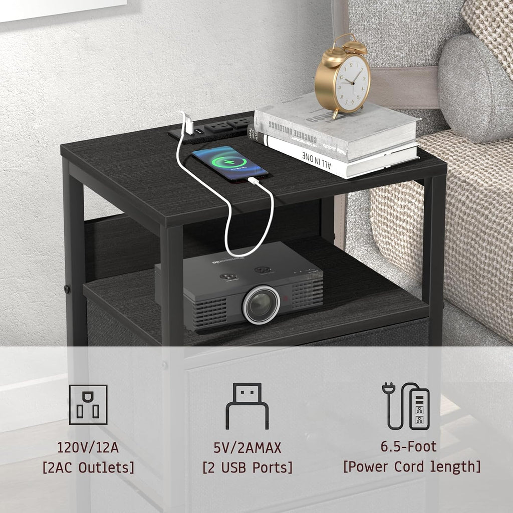 End Table with Charging Station & USB Ports, Rustic Nightstand with Fabric Drawers and Storage Shelf, Sofa Bed Side Table, Narrow Entryway Table for Bedroom Living Room, Black