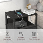 End Table with Charging Station & USB Ports, Rustic Nightstand with Fabric Drawers and Storage Shelf, Sofa Bed Side Table, Narrow Entryway Table for Bedroom Living Room, Black
