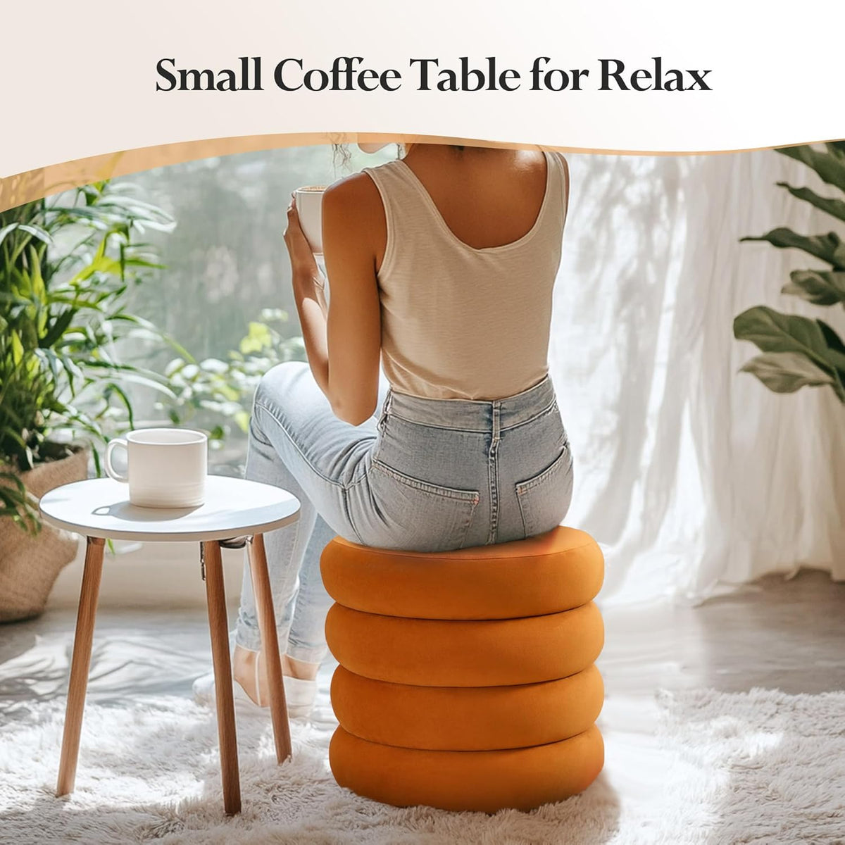 19.5 Inch Round Storage Ottoman, Modern Velvet Ottoman Coffee Table with Removable Top, Orange Vanity Stool with Storage for Bedroom, Living Room, Dorm, Set of 2