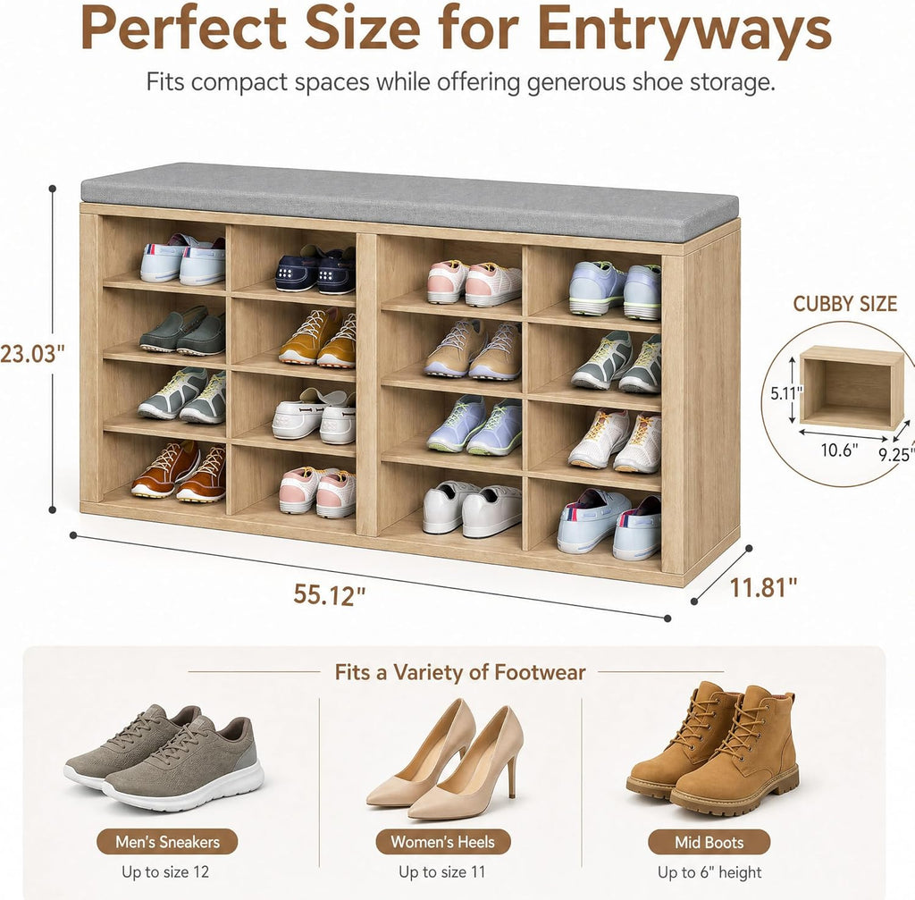 Shoe Storage Bench with Cushion, 16-Cubby Entryway Bench with Adjustable Shelves, 23" Tall Heavy Duty 700 lb Capacity, for Bedroom, Hallway, Mudroom