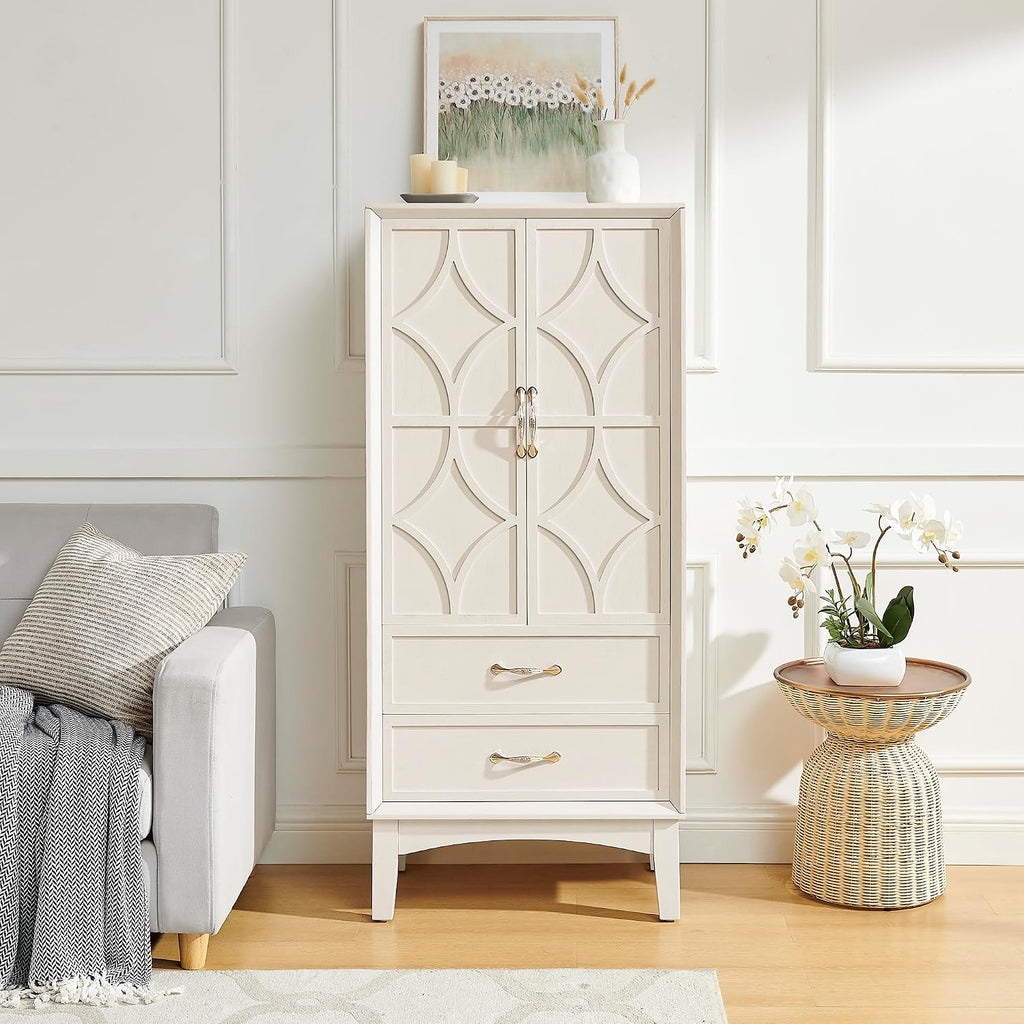 MERITLINE 53.5" Tall Kitchen Pantry Cabinet with Doors & Drawers, Mid Century Modern Sideboard Buffet Storage for Living Room, Entryway, Hallway & Garage (Antique White)