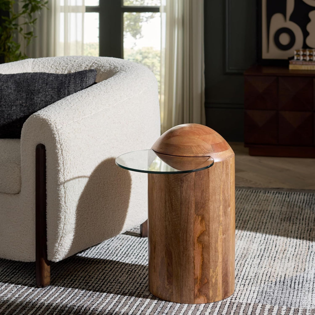 SAFAVIEH Home Collection - Cuban Accent Table with Round Clear Glass Top & Walnut Brown Solid Wood Dome Base, Fully Assembled (ACC3226A)