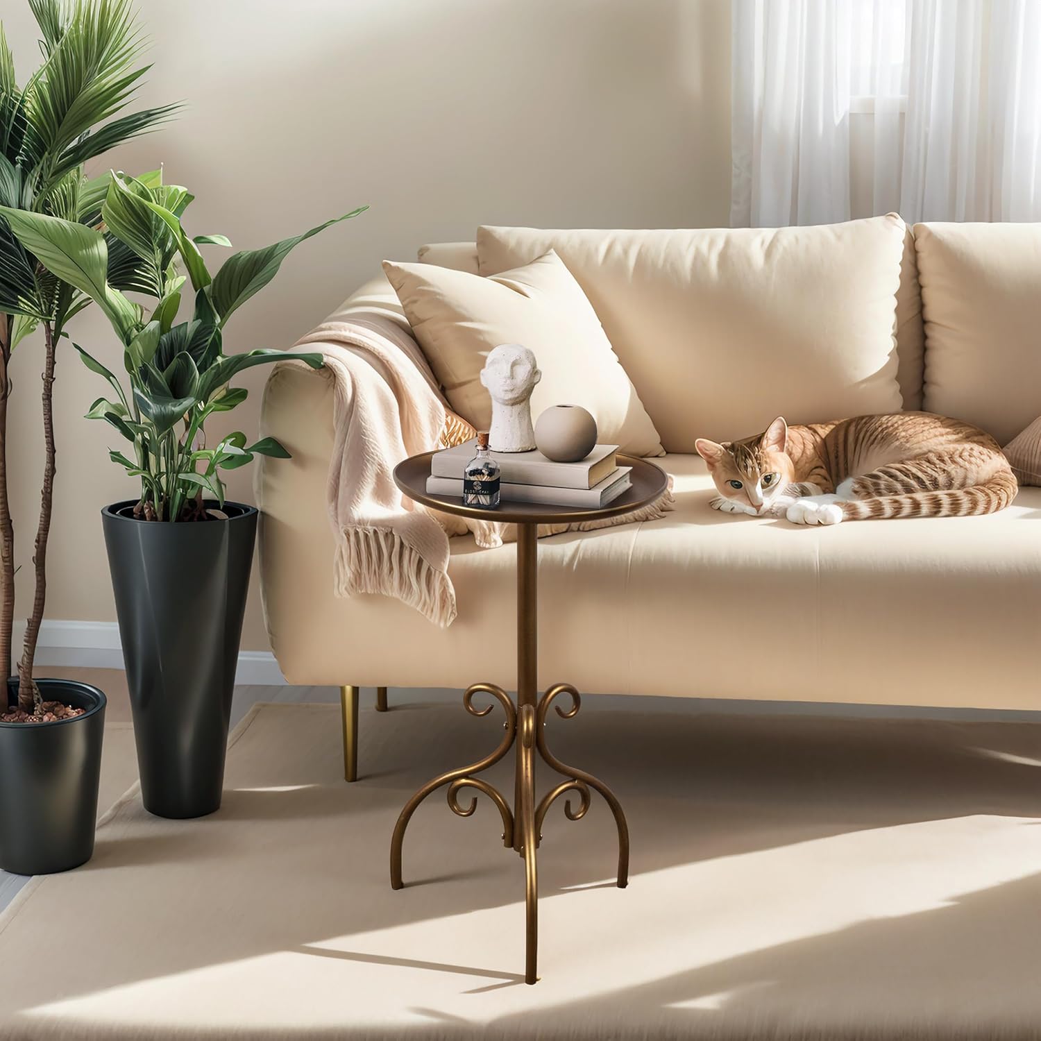 Round Side Table, Small Metal Drink Table for Small Spaces, Modern Martini Table for Living Room, Bedroom, Corners, and Office (Antique Brass)