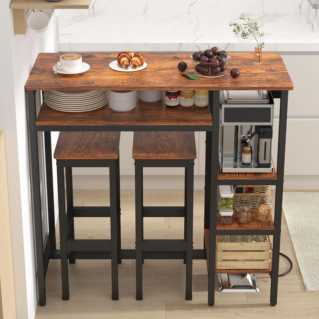 3-Piece Bar Table and Chairs Set,Counter Height Bar Table Set with Power Outlets and Storage Shelves,Dining Table Set with 2 Chairs,Industrial Table Chairs Set for Bar,Kitchen,Apartment