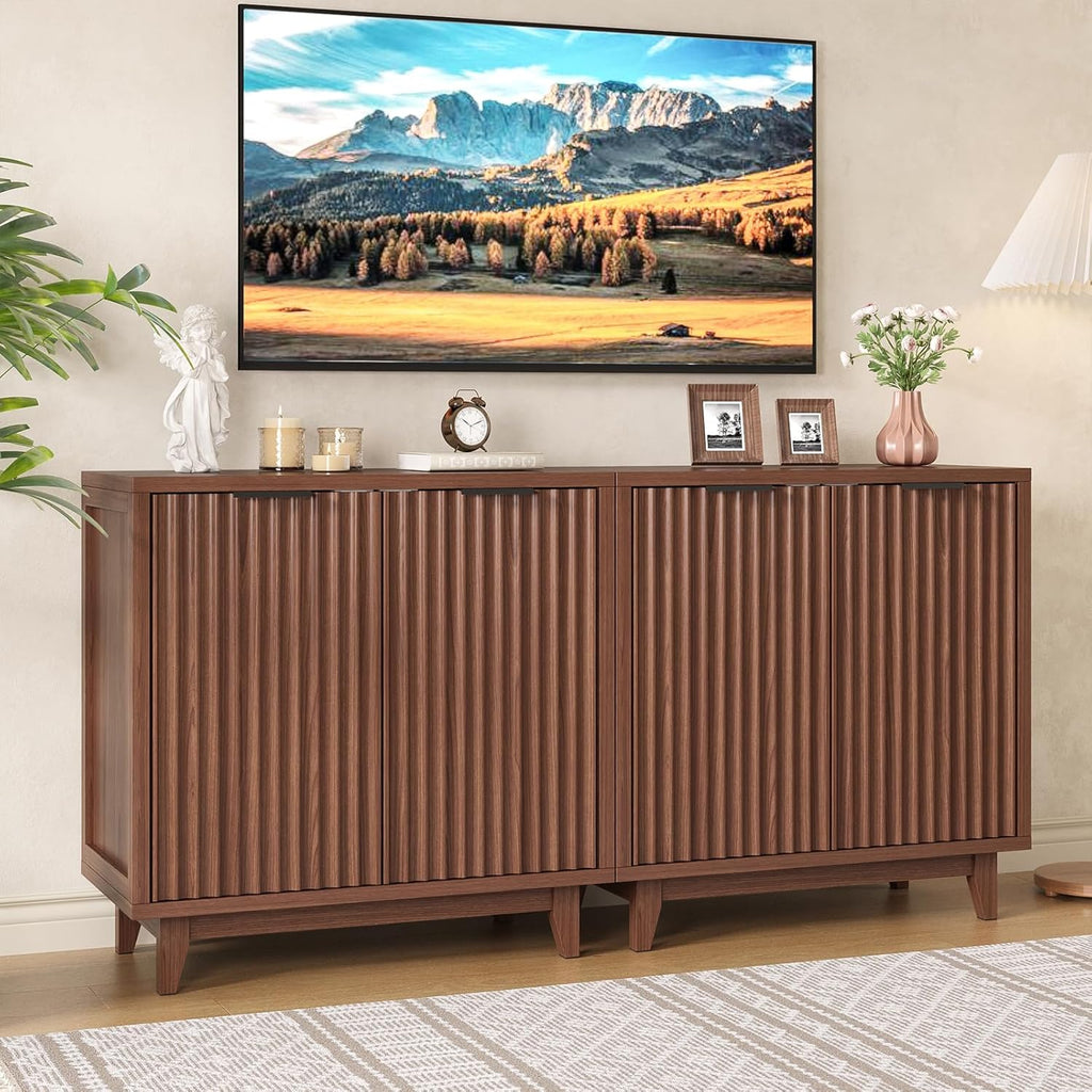 Vabches Modern Fluted Buffet Cabinet with Storage, 31.5" W Sideboard with Solid Wood Legs and Adjustable Shelf, Black Accent Cabinet for Kitchen, Living Room