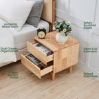 Modern Natural Wooden Nightstand with Drawers - Solid Wood Night Stand 2 Drawer Mid Century Small Narrow Bedside Side End Table with Storage for Living Room Bedroom, 15.7" D x 17.1" W x 19.6" H