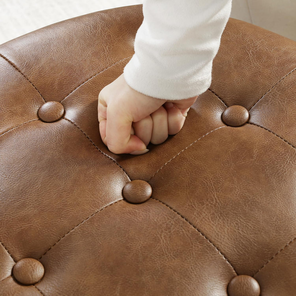 Adeco Brown Upholstered Round Faux Leather Storage Ottoman with Solid Wood Grain Plastic Legs | Tufted Foot Rest Ottoman for Living Room & Bedroom | Decorative Home Furniture