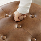 Adeco Brown Upholstered Round Faux Leather Storage Ottoman with Solid Wood Grain Plastic Legs | Tufted Foot Rest Ottoman for Living Room & Bedroom | Decorative Home Furniture