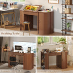 Drafting Table with Storage Cabinet & Drawers, Crafting Table with Open Shelves, Fluted Drawing Desk Computer Desk for Artists, Painters, Drawing, Crafting, Reading, Writing, Working