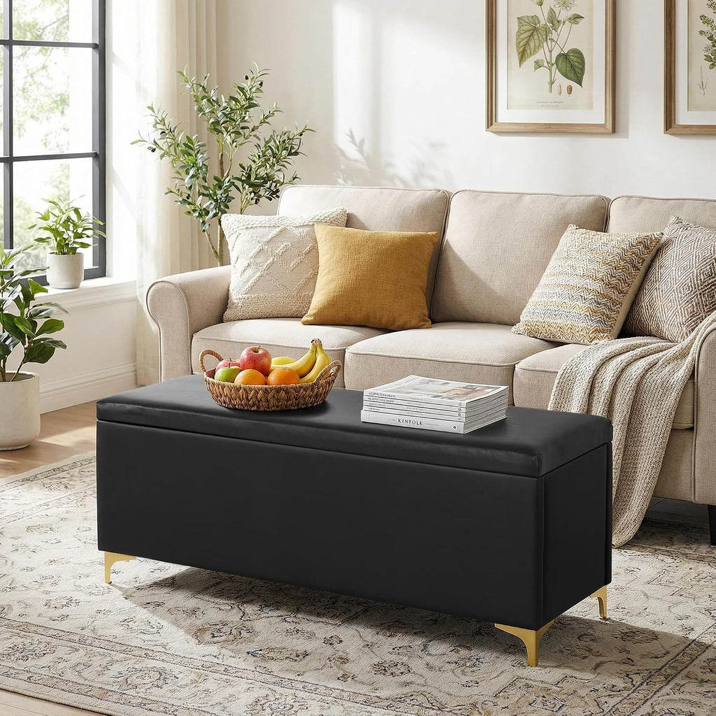 FHFO 52.9" Storage Ottoman Bench, End of Bed Storage Bench, Black | Faux Leather Upholstered | Large Capacity | Durable Fabric | Solid Wood Frame