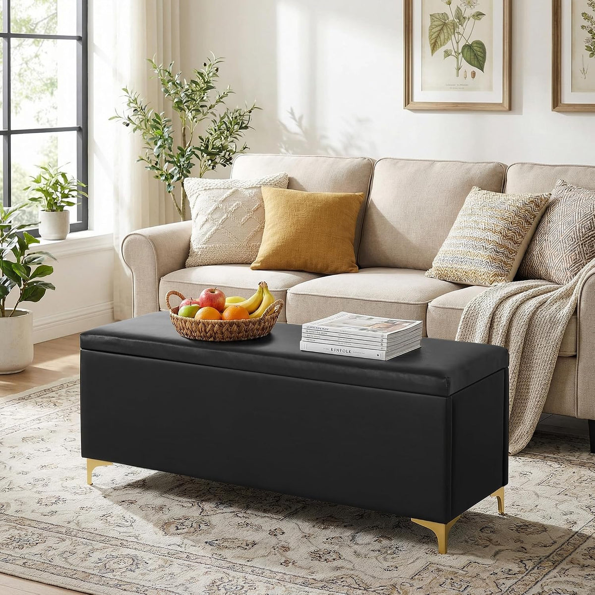 FHFO 52.9" Storage Ottoman Bench, End of Bed Storage Bench, Black | Faux Leather Upholstered | Large Capacity | Durable Fabric | Solid Wood Frame