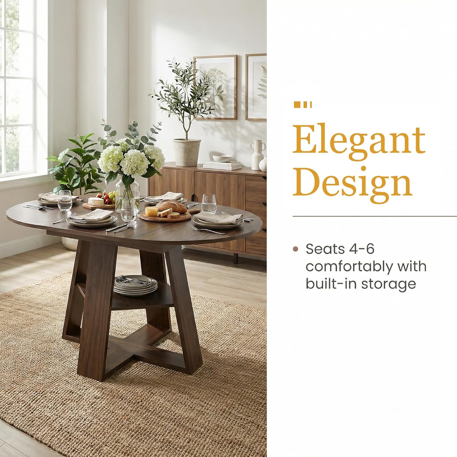 5-Piece Extendable Oval Dining Table Set, 43in-59in Wood Kitchen Table with 4 Fabric Upholstered Chairs, Modern Dining Room Set for 4 People, Walnut Finish