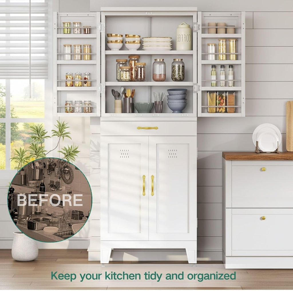 YITAHOME 71" Metal Kitchen Pantry Storage Cabinet with 4 Doors, 4 Adjustable Shelves, 1 Drawer and 8 Door Racks, Tall Freestanding Steel Cupboard for Home Kitchen Living Dining Room, White