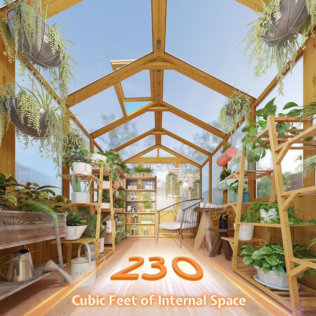 Jocisland 6x8x6.5 Ft Wooden Greenhouse, Pre-Assembled Solid Cedar Frame, Walk-in Design, Lockable Door, Adjustable Roof Vents, Polycarbonate Panels for Outdoor, Garden, Backyard