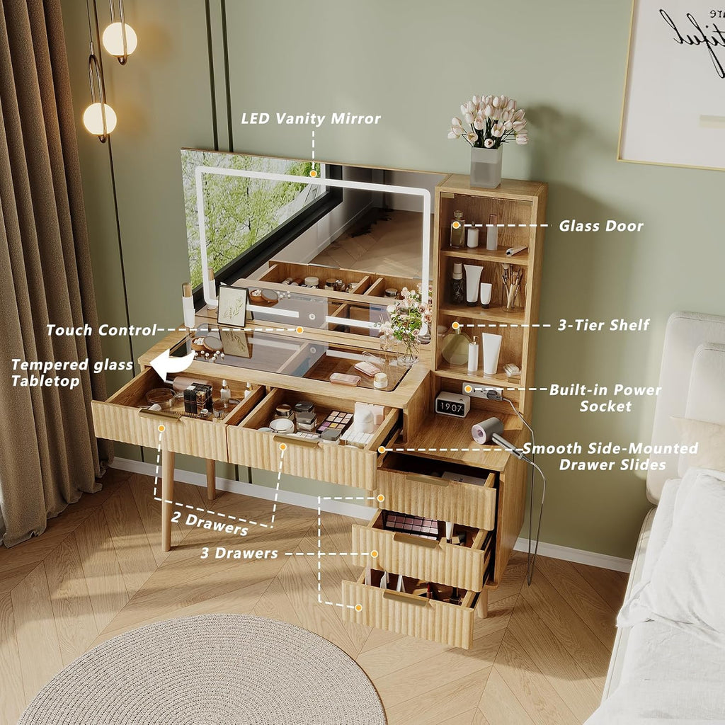 Fluted Vanity Desk with 36" LED Mirror, 48" Modern Makeup Table with Charging Station, Glass Door Display Cabinet & Tempered Glass Top, 5 Drawers and 3-Tier Shelves for Bedroom (Natural Oak)